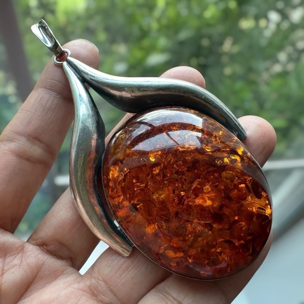 VTG Artisan Pendant 3.75 Inch Baltic Amber Whale Tail Wishbone Sterling 35.1g